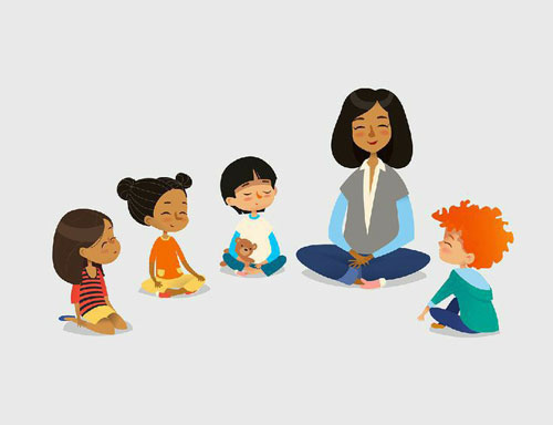 تصویر گرافیک از یک مربی یوگا و تعدادی کودک نشسته بر زمین